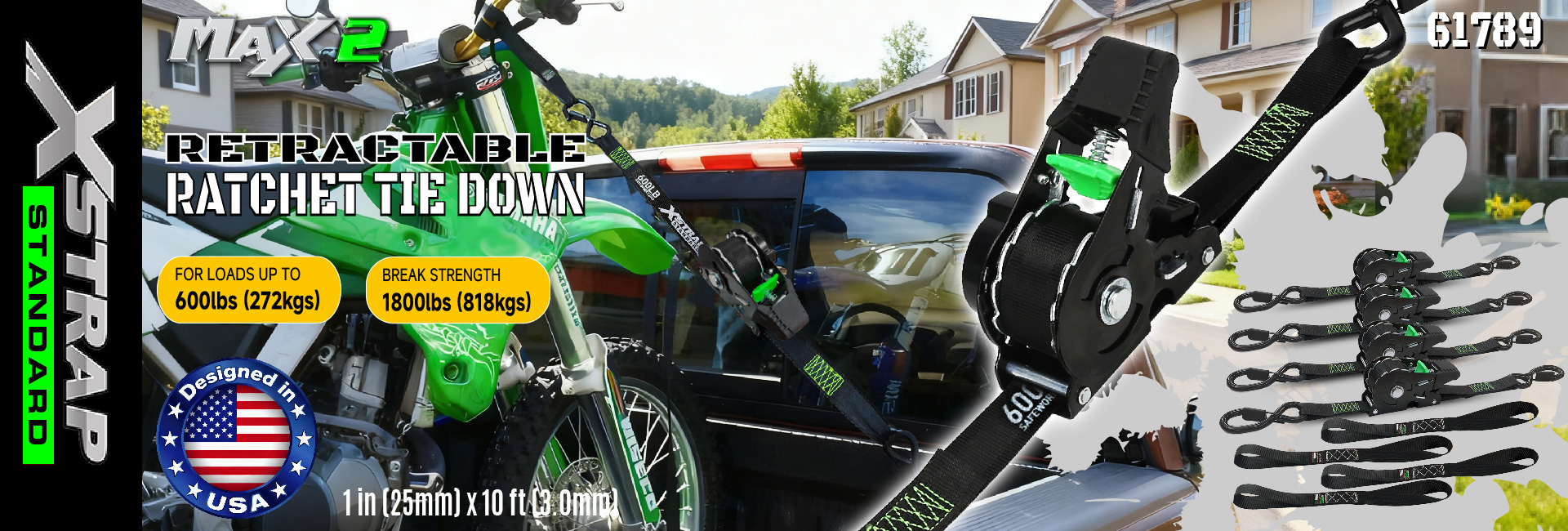 Xstrap 61789 Tali Pengikat Ratchet Boleh Tarik 1 in x 10 kaki Pengikat Selamat untuk Kayak Jetski Motosikal Kekuatan Pecah 1,500LBS/680KG