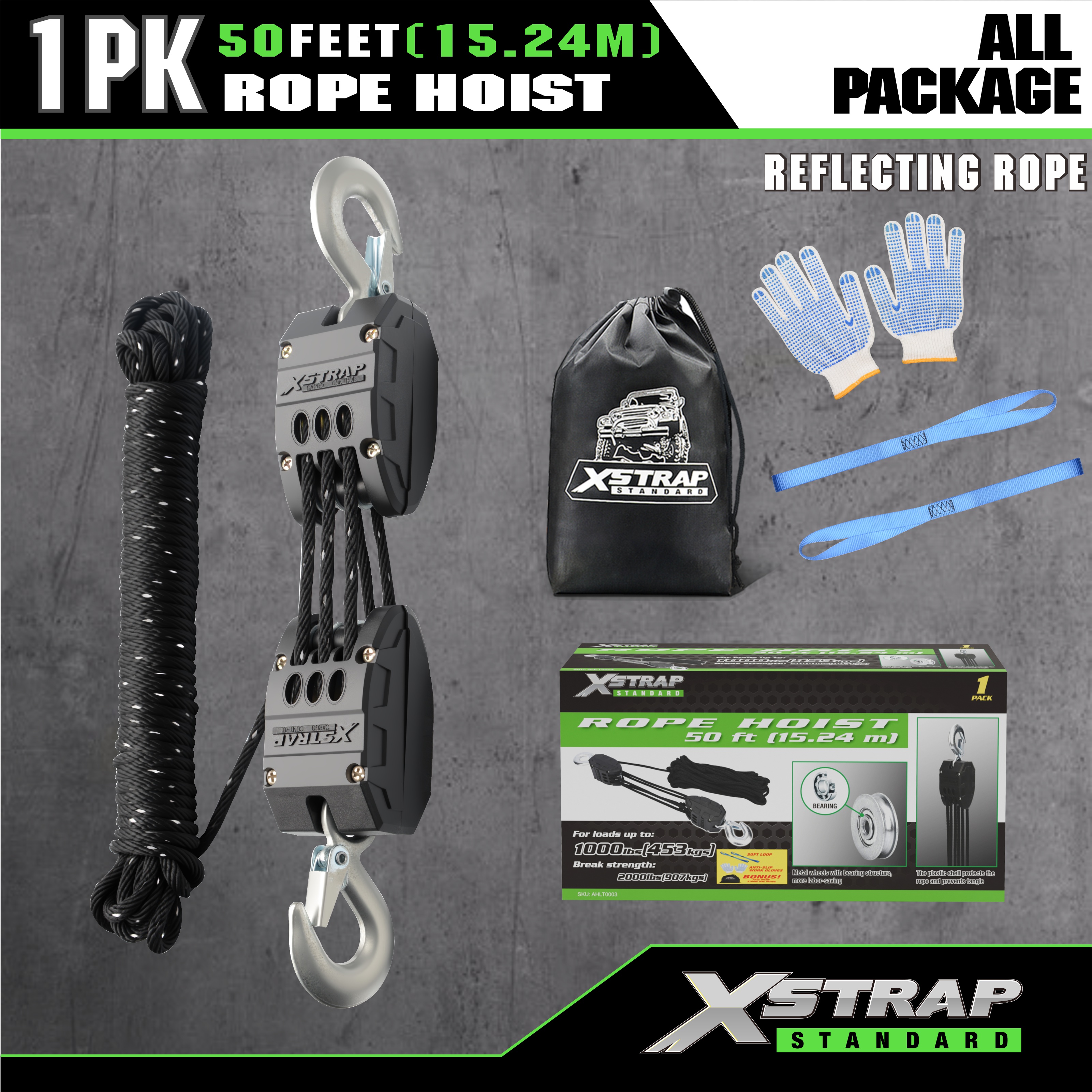 XSTRAP AHLT0003-sistem takal angkat tali hitam reflektif 1000LB