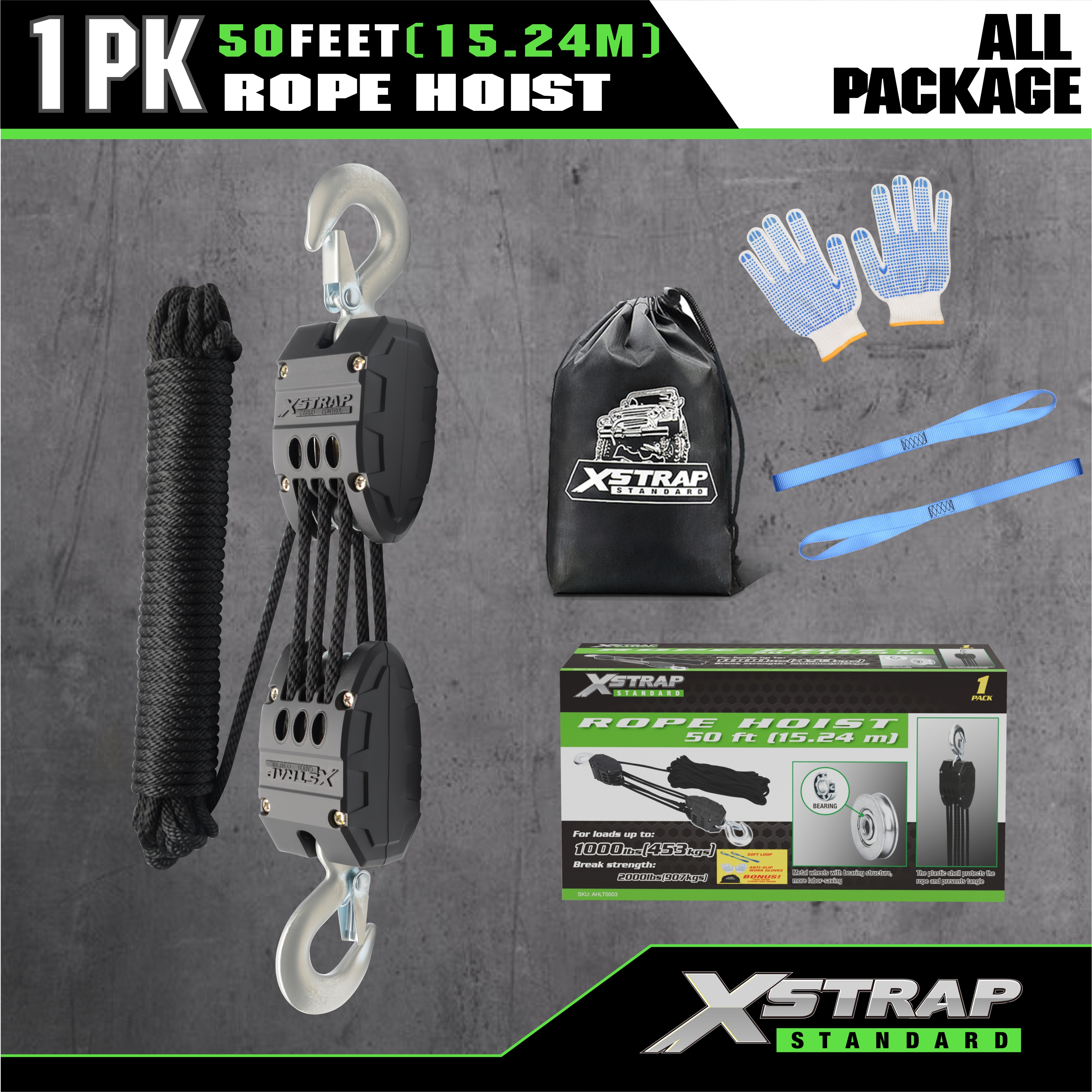 XSTRAP AHLT0003 Sistem Takal Hoist Tali Hitam 1000LB