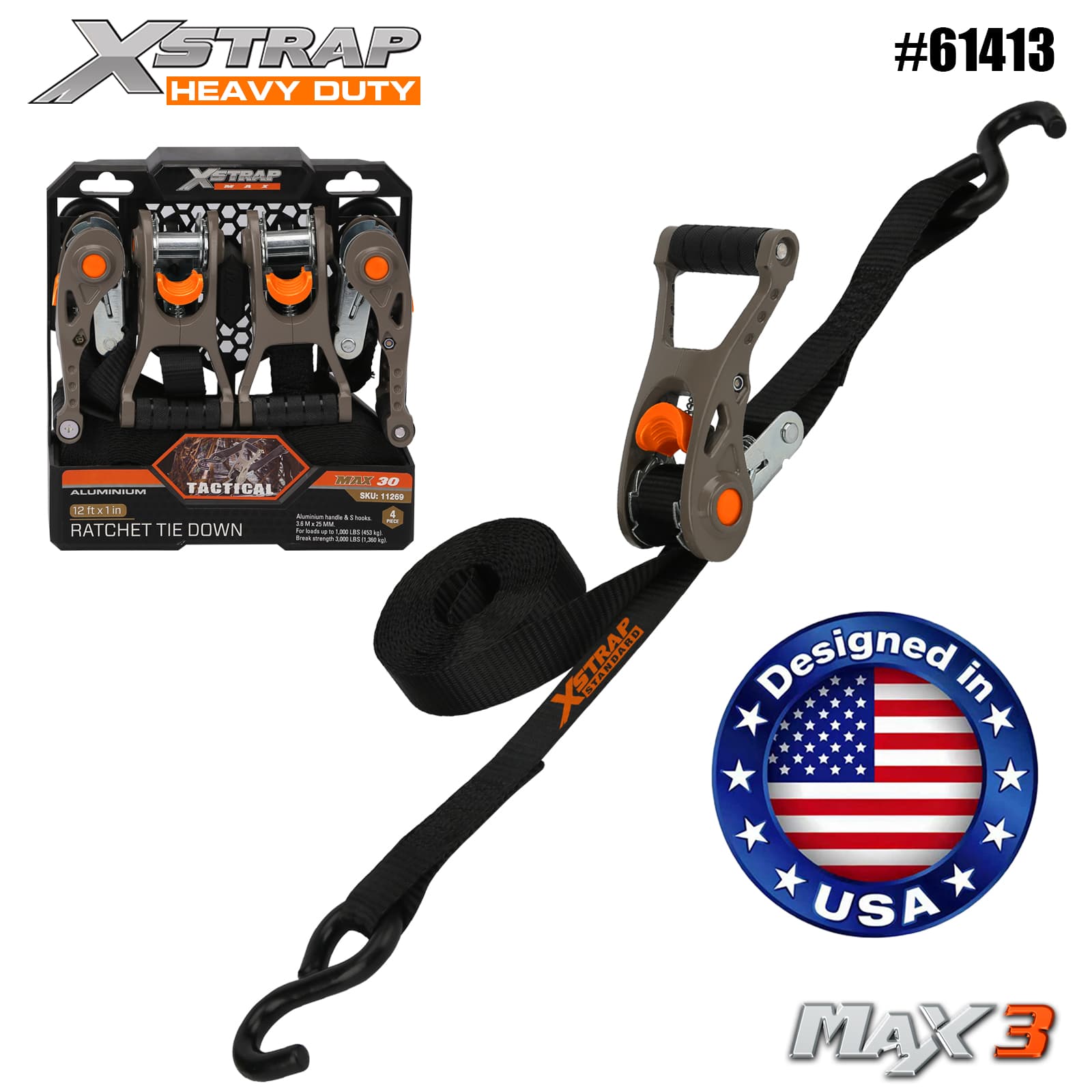 Xstrap 61413 1” x 14’ 4PK Tactical Ratchet Tie Down dengan Gelung Lembut 1000lb SWL