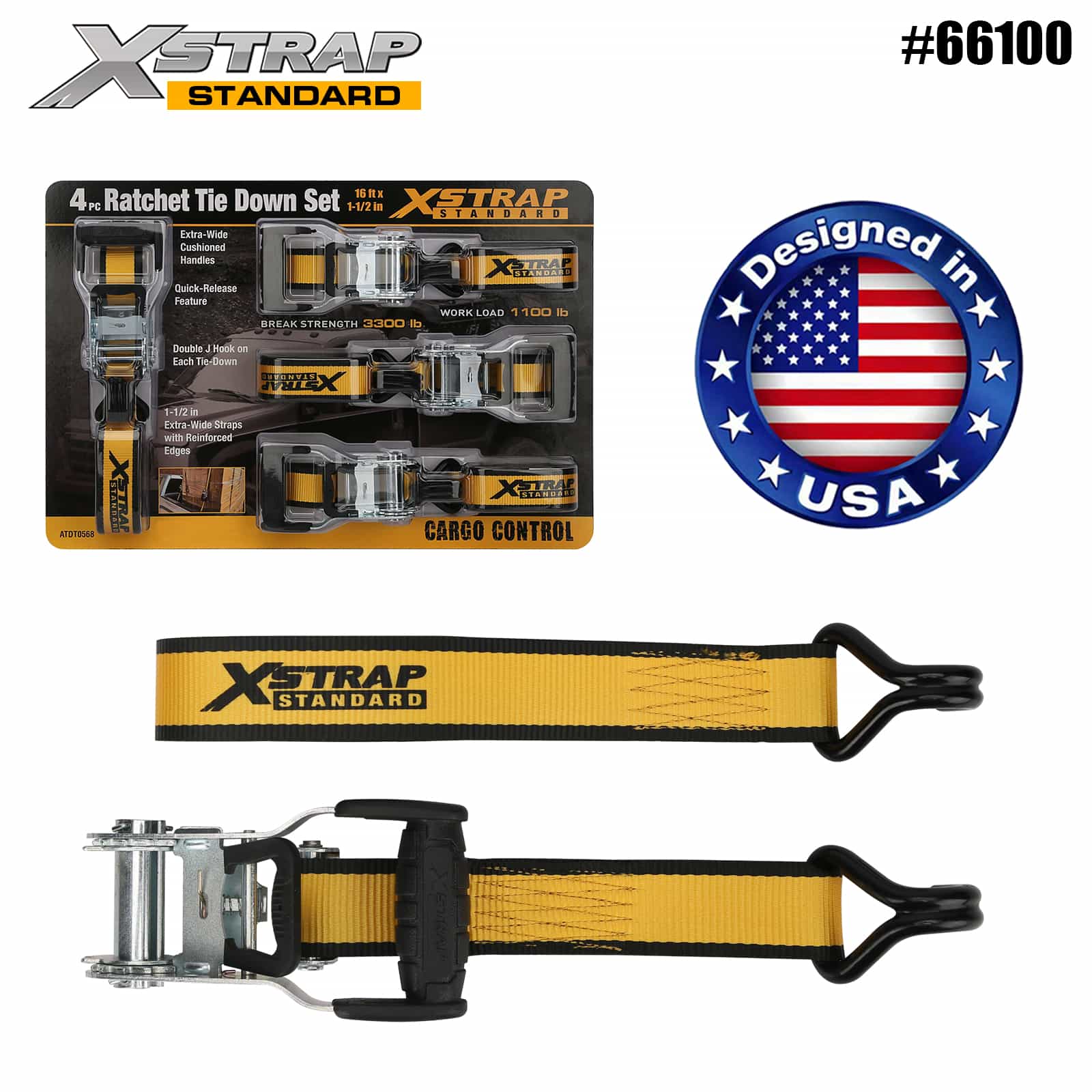 Xstrap 66100 1-1/2” x 16’ 4PK Ratchet Tie Down dengan Cangkuk J Berganda 1100lb SWL