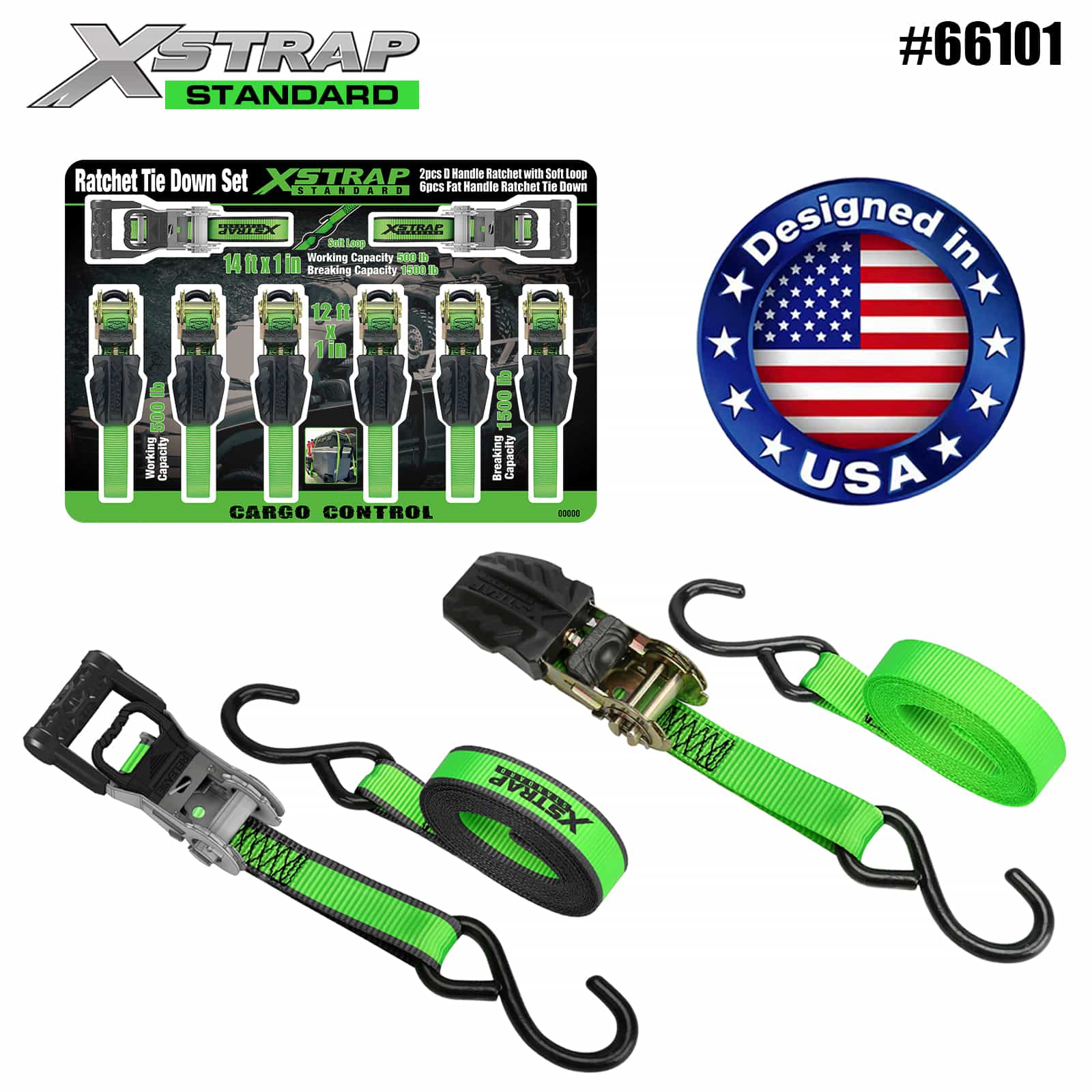 Xstrap 66101 1” x 14’ 2PK D Pemegang Ratchet dengan Gelung Lembut 500lb SWL dan 1” x 12’ 6PK Pemegang Rata Ratchet Tie Down 500lb SWL