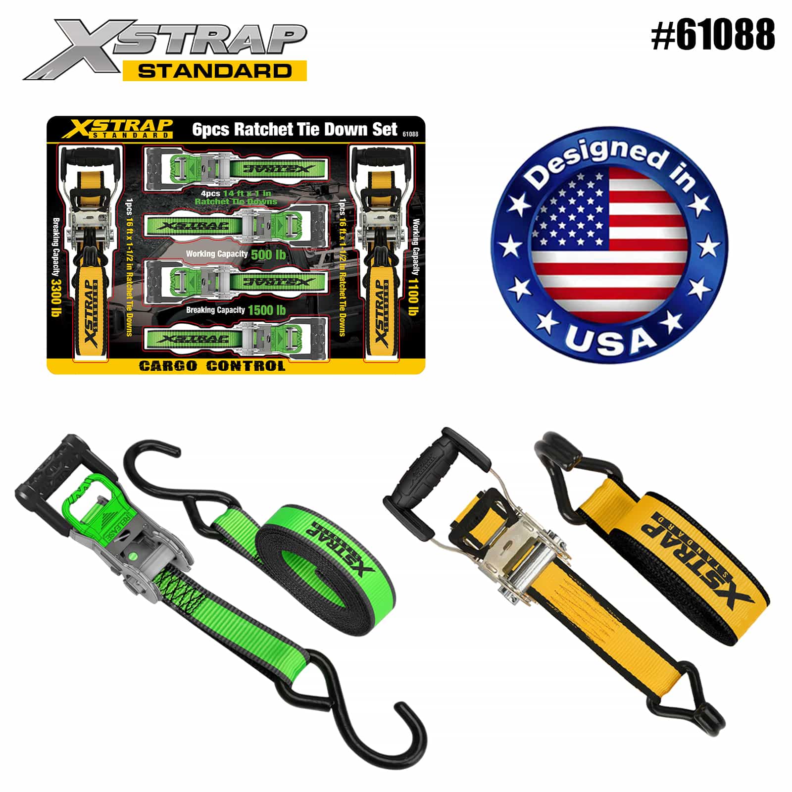 Xstrap 61088 1” x 14’ 4PK D Pemegang Ratchet dengan Gelung Lembut 500lb SWL dan 1” x 16’ 2PK Extra-Wide Handle Ratchet Tie Down 1100lb SWL