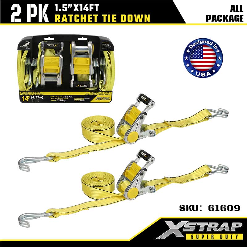 Xstrap 61609 1-1/2” x 14’ 2PK Ratcet Tie Down dengan Cangkuk J Berganda 1667lb SWL