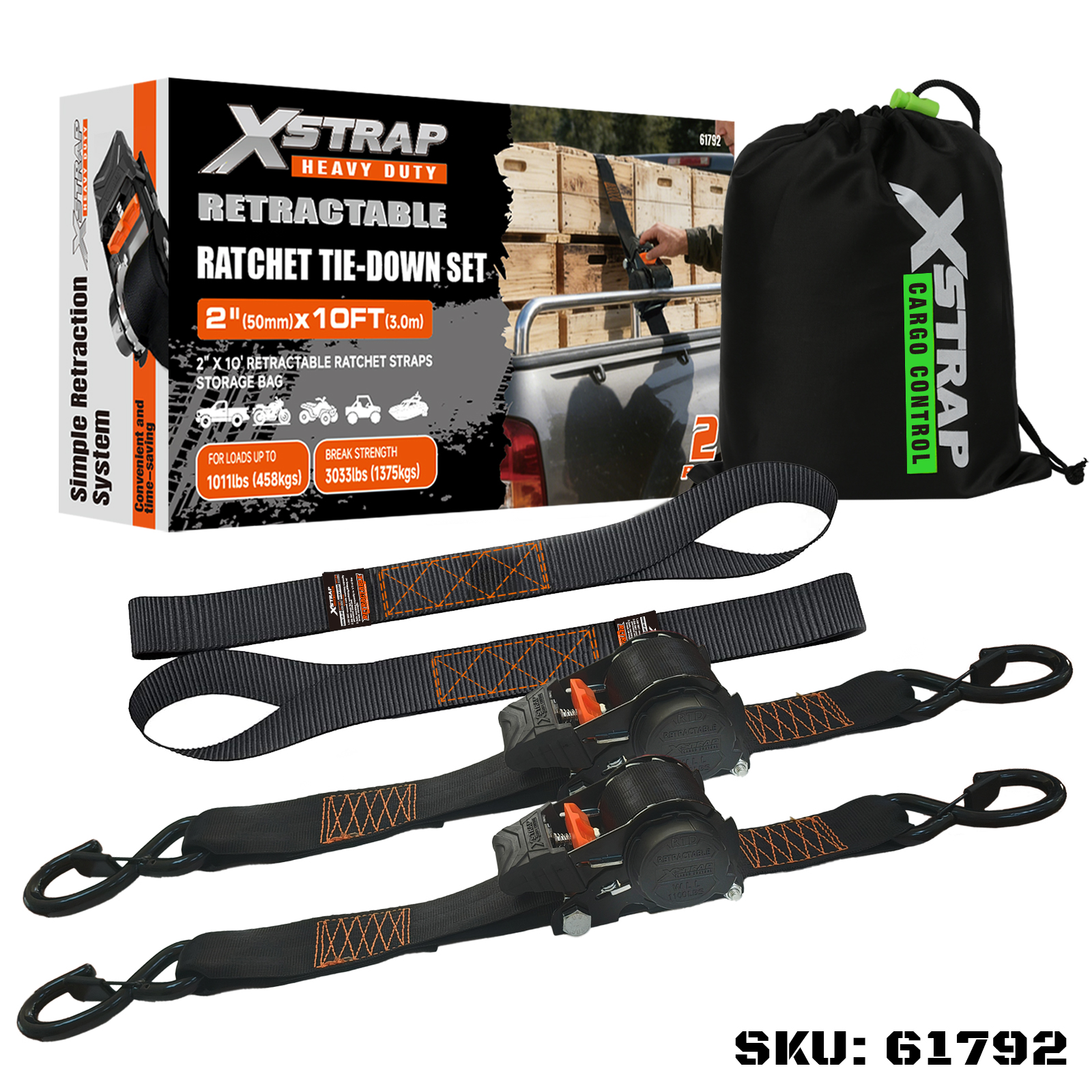 Xstrap 61792 2PK 2” x 10’ Set Pengikat Ratcet Boleh Tarik dengan Cangkuk S Keselamatan 1011lb SWL