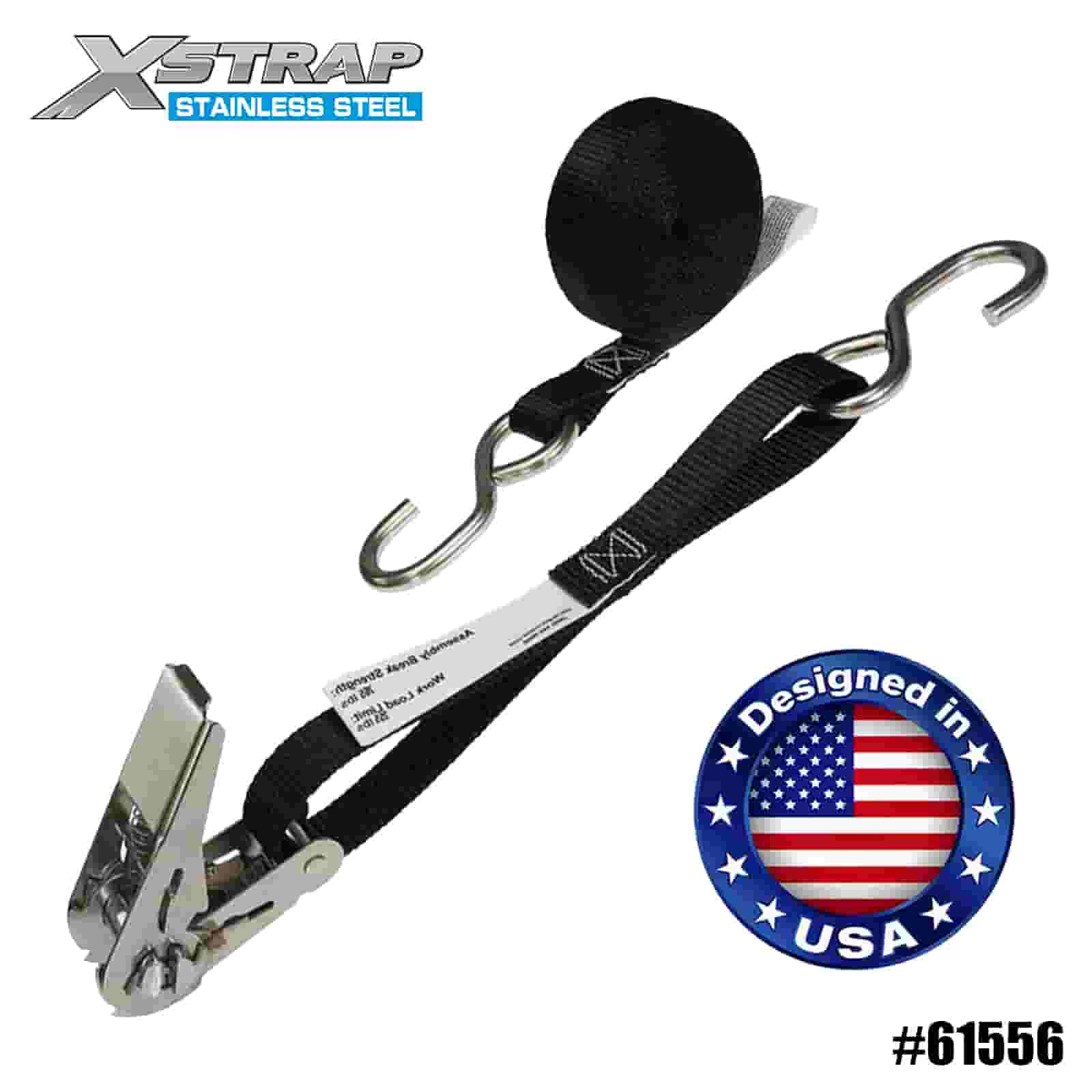 Xstrap 61556 1” x 10’ Hitam Keluli Tahan Karat Tali Ibu Jari Ratchet dengan Cangkuk S 255lb SWL