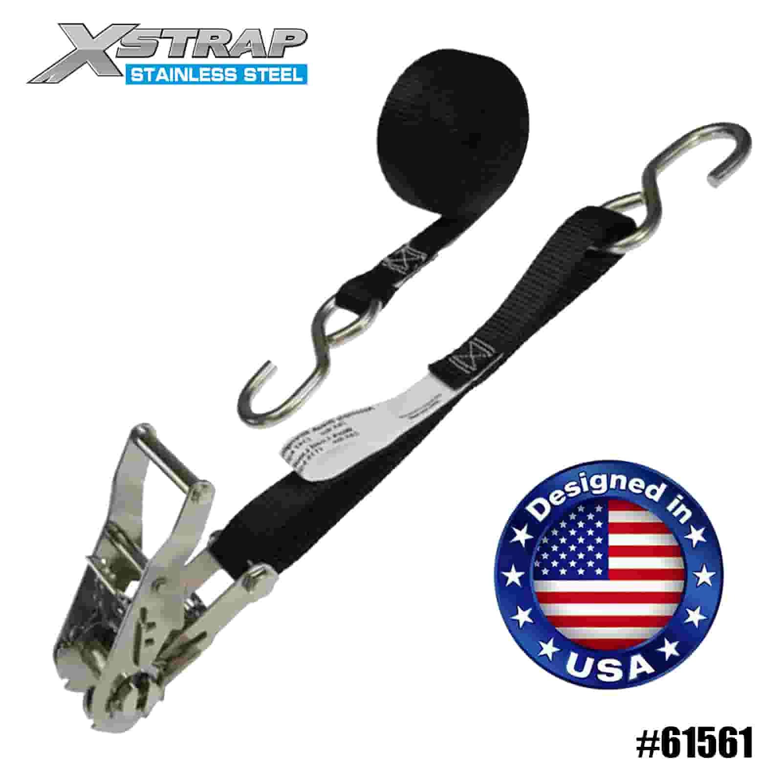 Xstrap 61561 4PK 1” x 6’ Tali Ratchet Hitam dengan Ratchet Keluli Tahan Karat dan Cangkuk S 400lb SWL